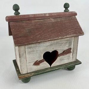 Valentine Wooden Birdhouse Freestanding Finials Red Green Cottage Distressed